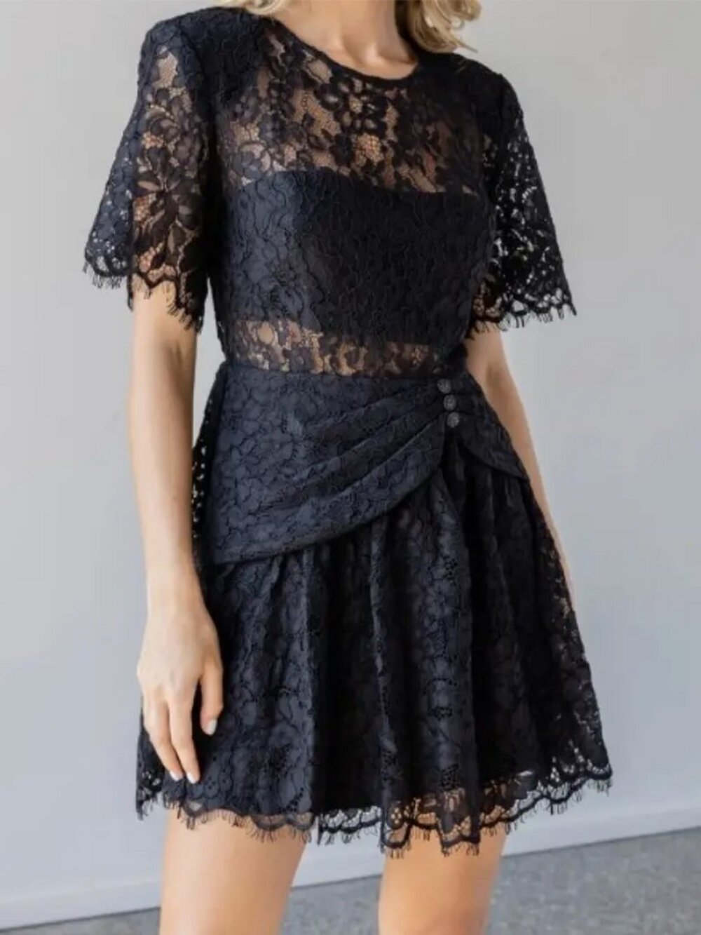 Self-Portrait Fine Cord Short Sleeve Lace Mini Dress Black Bandeau Lined Size 2